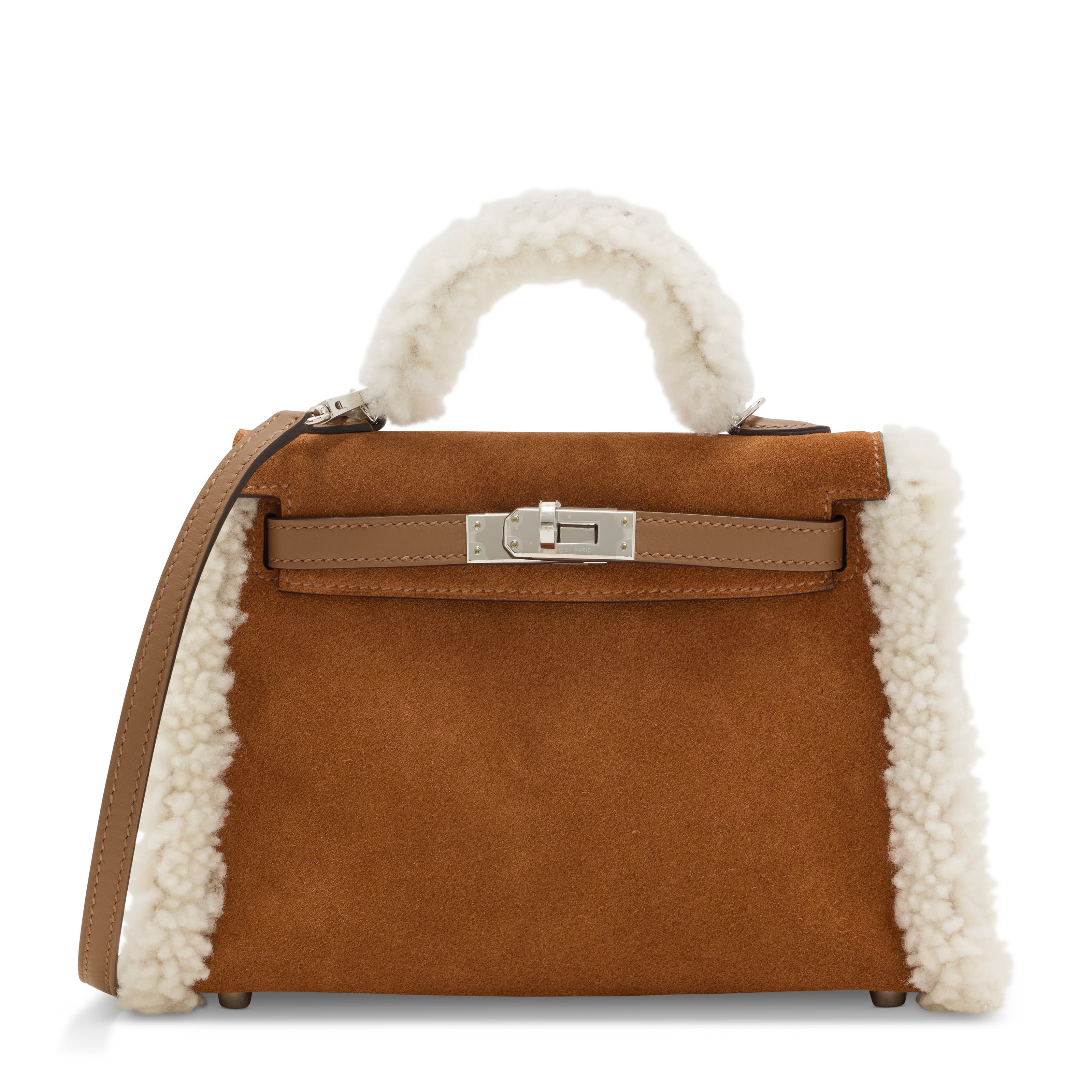 A RARE, CHAMOIS VEAU GRIZZLY LEATHER, ALEZAN SWIFT LEATHER & ECRU SHEARLING MINI KELLY PLUCH 20 WITH PALLADIUM HARDWARE HERMES, 2025