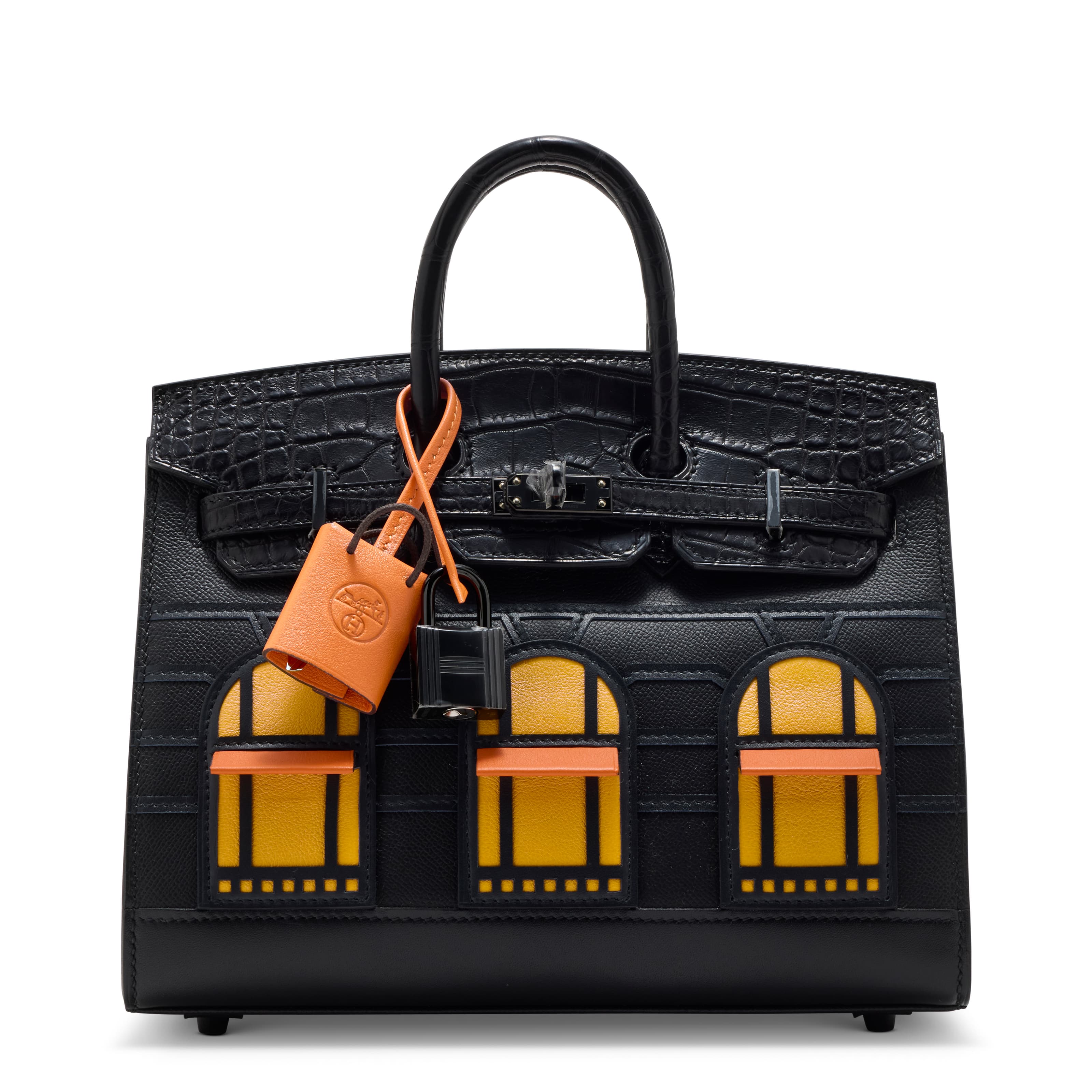 A RARE, MATTE BLACK ALLIGATOR, BLACK MADAME, SOMBRERO, ORANGE H & JAUNE AMBRE SWIFT LEATHER NIGHT FAUBOURG SELLIER BIRKIN 20 WITH BLACK PVD HARDWARE HERMES, 2022