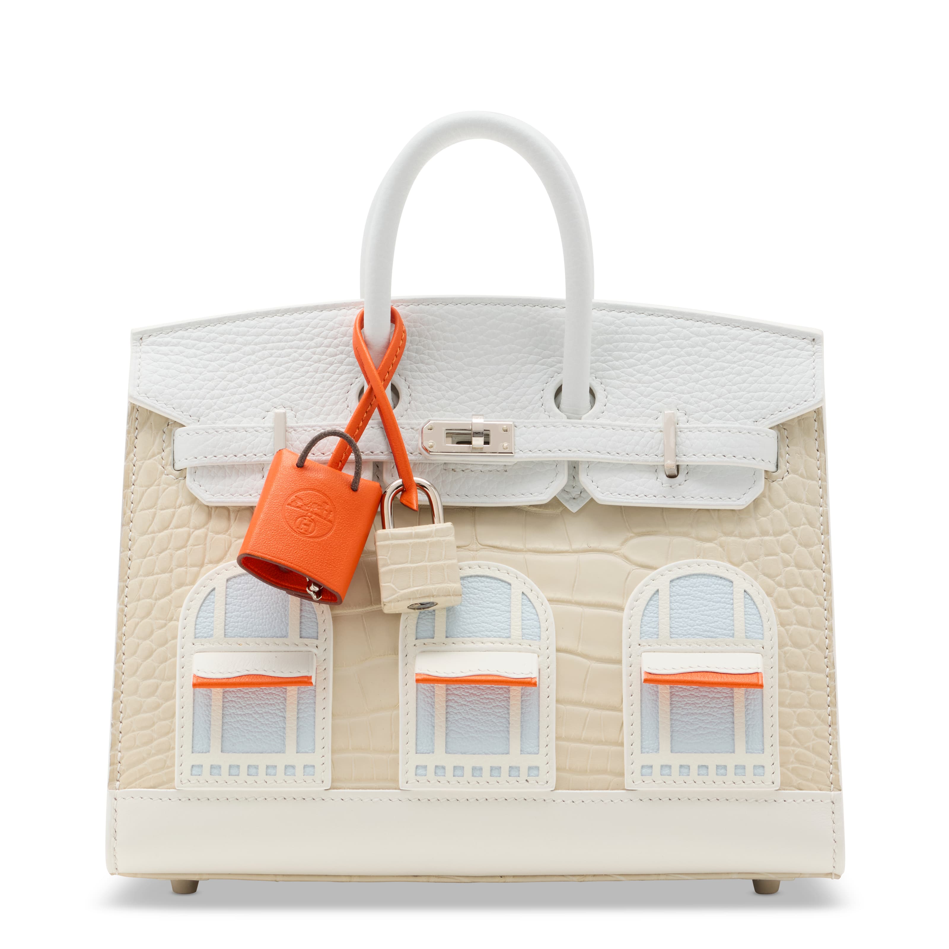 A RARE, MATTE BETON ALLIGATOR, WHITE TOGO, SWIFT & SOMBRERO, ORANGE H & CRAIE SWIFT & BLEU BRUME CHEVRE LEATHER SNOW FAUBOURG SELLIER BIRKIN 20 WITH PALLADIUM HARDWARE HERMES, 2021
