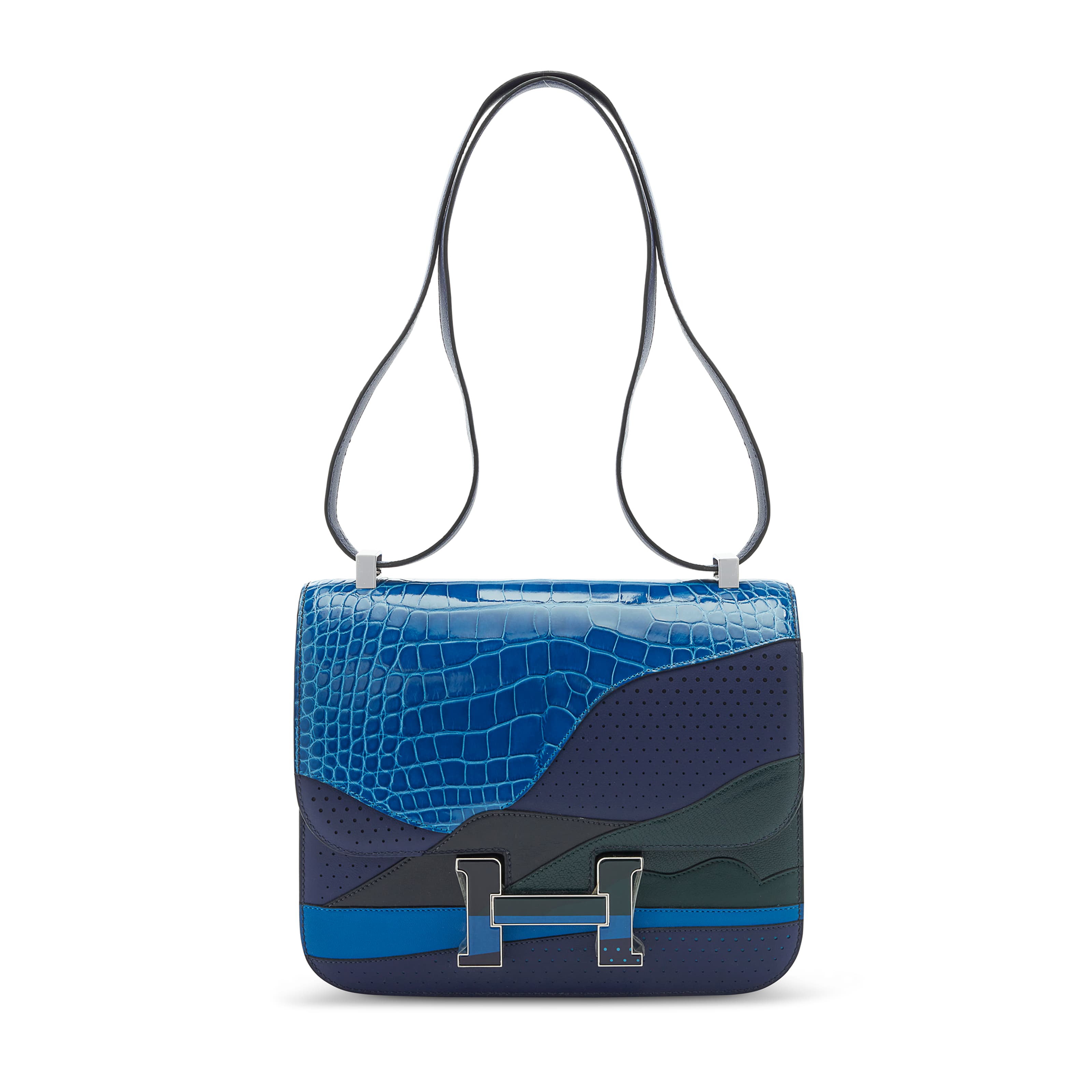 A LIMITED EDITION BLEU ENCRE, BLEU ZELLIGE, VERT CYPRES & BLEU NUIT, SHINY ALLIGATOR & NILOTICUS LIZARD "AU BOUT DU MONDE" CONSTANCE 24 WITH PALLADIUM HARDWARE HERMES, 2019