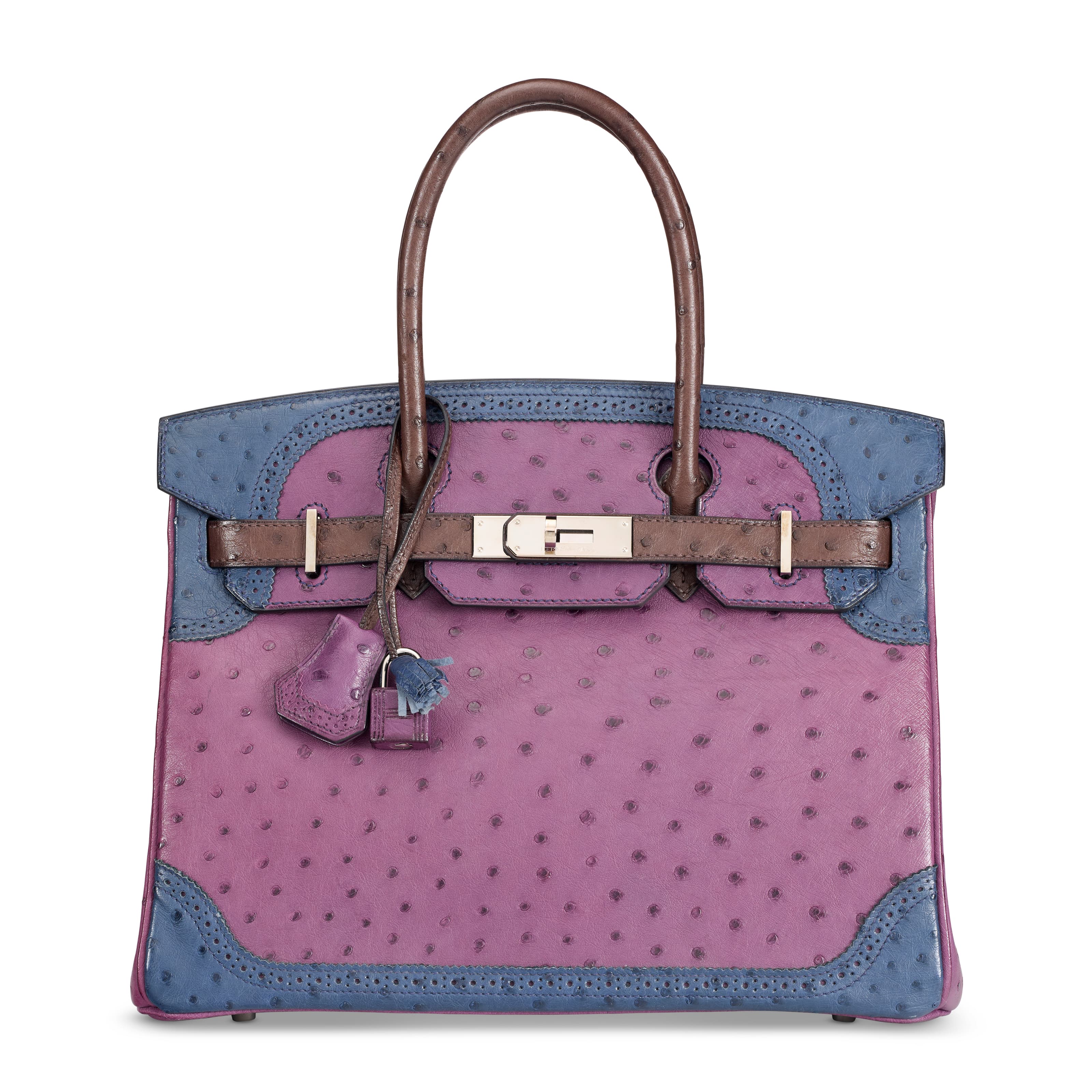A LIMITED EDITION VIOLET, BLEU DE MALTE & CHOCOLAT OSTRICH GHILLIES BIRKIN 30 WITH PALLADIUM HARDWARE HERMES, 2013