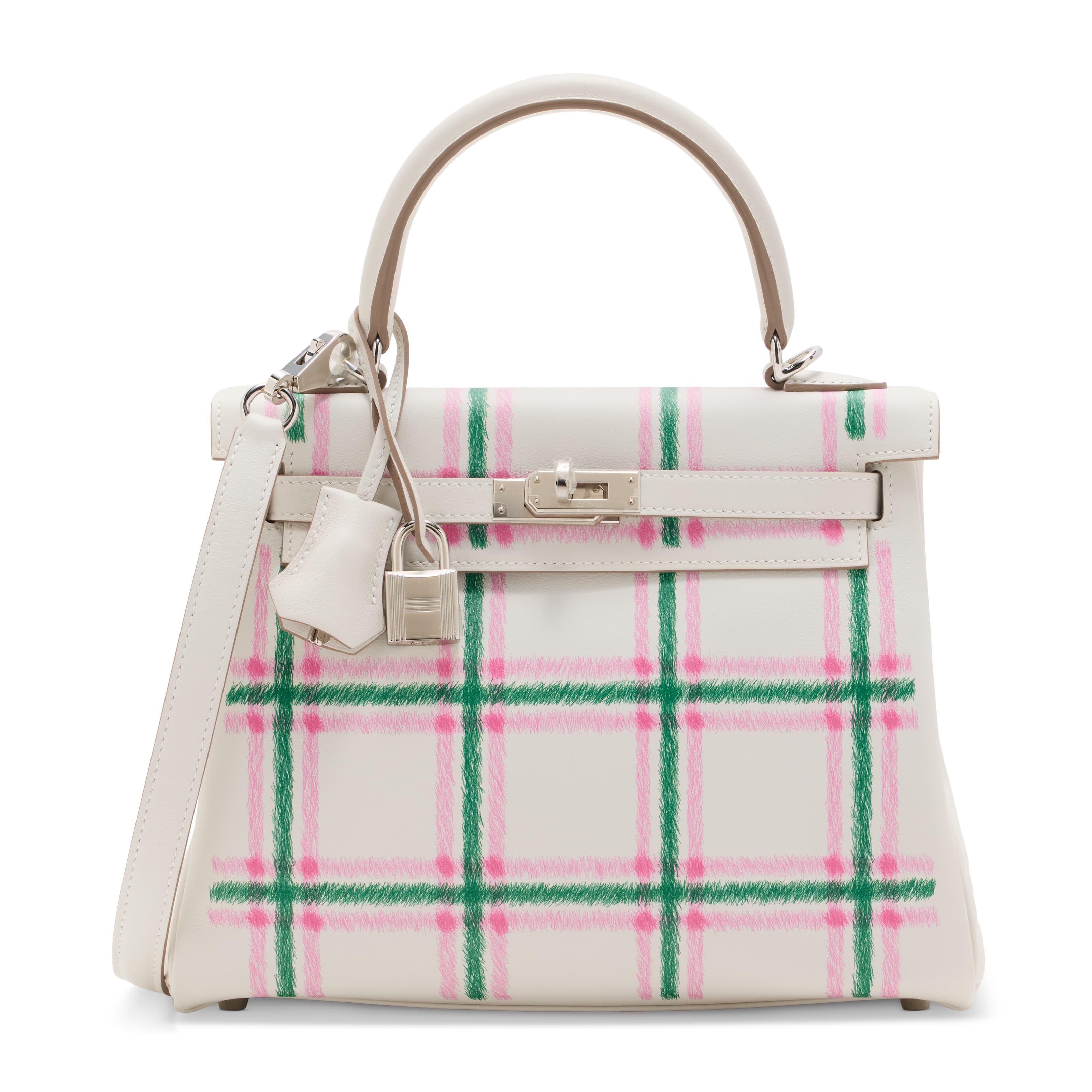A LIMITED EDITION GRIS PALE, VERT MOYEN & BUBBLEGUM PINK PRINTED TARTAN SWIFT LEATHER RETOURNE KELLY 25 WITH PALLADIUM HARDWARE HERMES, 2025