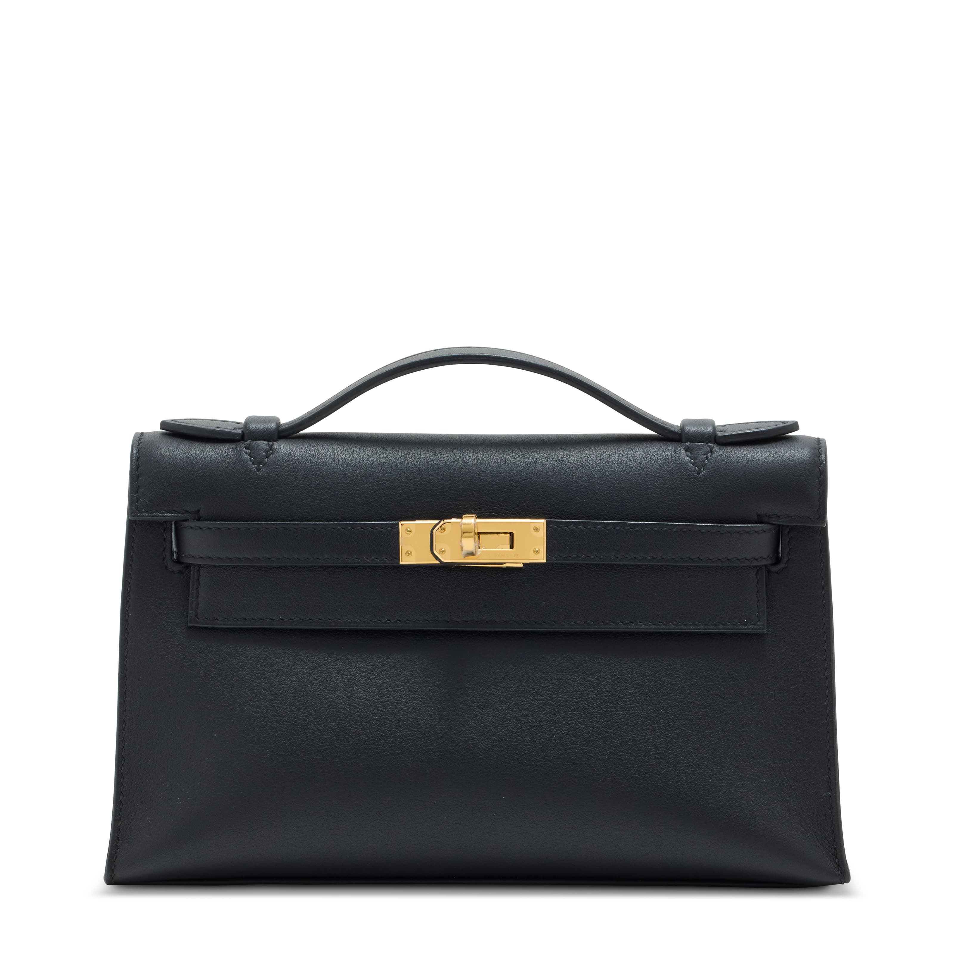 A BLACK SWIFT LEATHER KELLY POCHETTE WITH GOLD HARDWARE HERMES, 2023