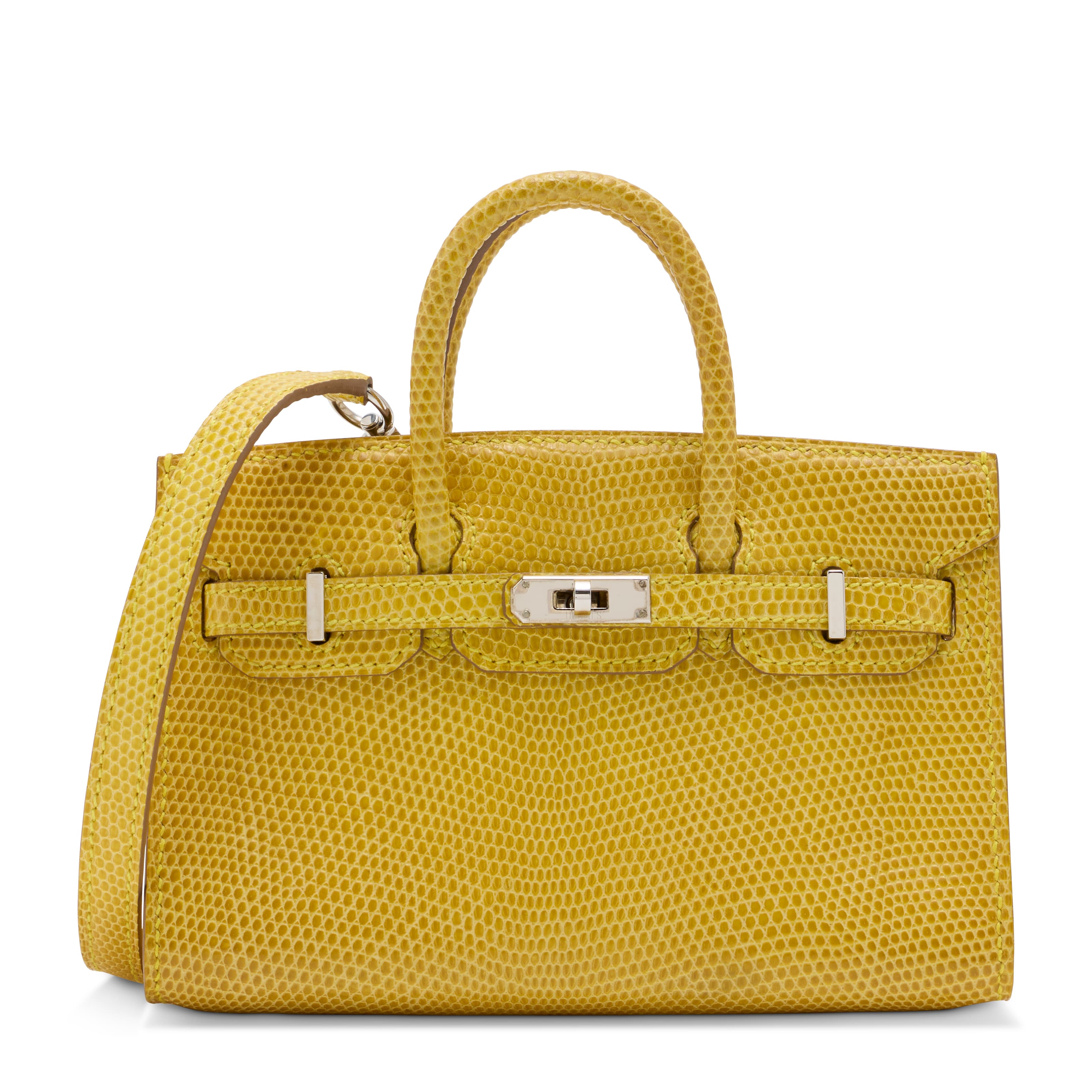 A RARE, SHINY CANARY LIZARD MICRO TINY BIRKIN WITH PALLADIUM HARDWARE HERMES, 2013