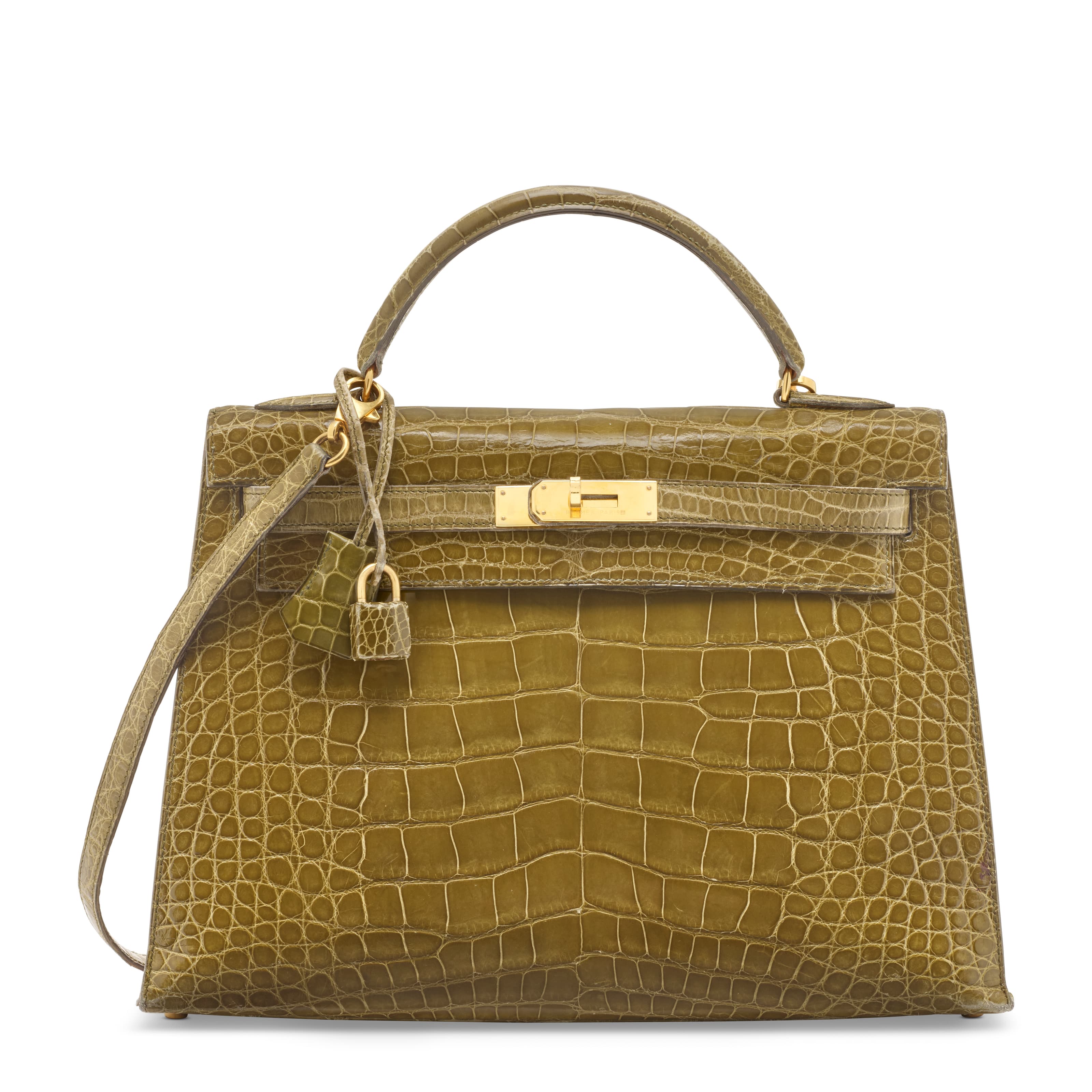 A SHINY VERT JASMINE ALLIGATOR SELLIER KELLY 32 WITH GOLD HARDWARE HERMES, 1995