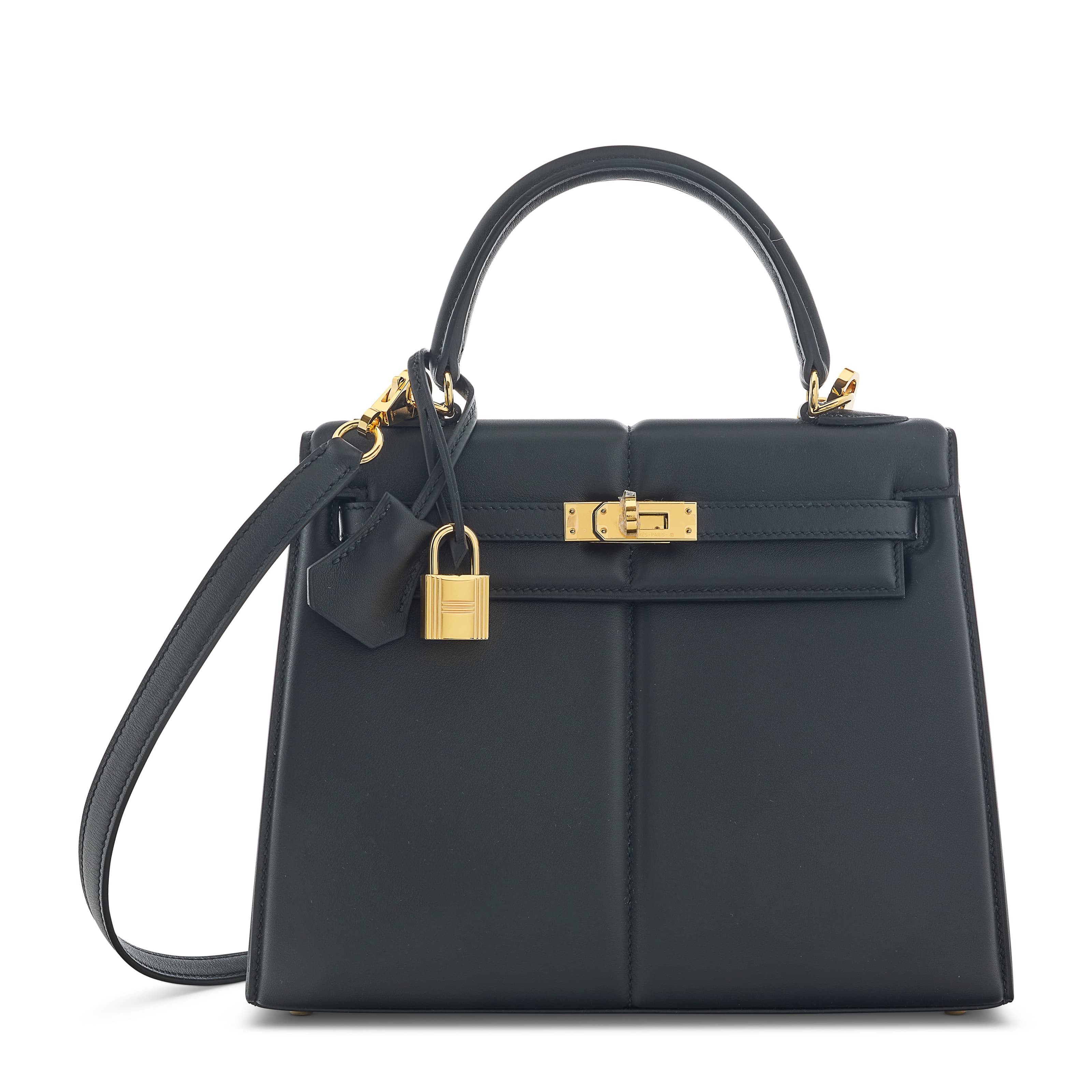 A LIMITED EDITION BLACK SWIFT LEATHER SELLIER PADDED KELLY 25 WITH GOLD HARDWARE HERMES, 2023