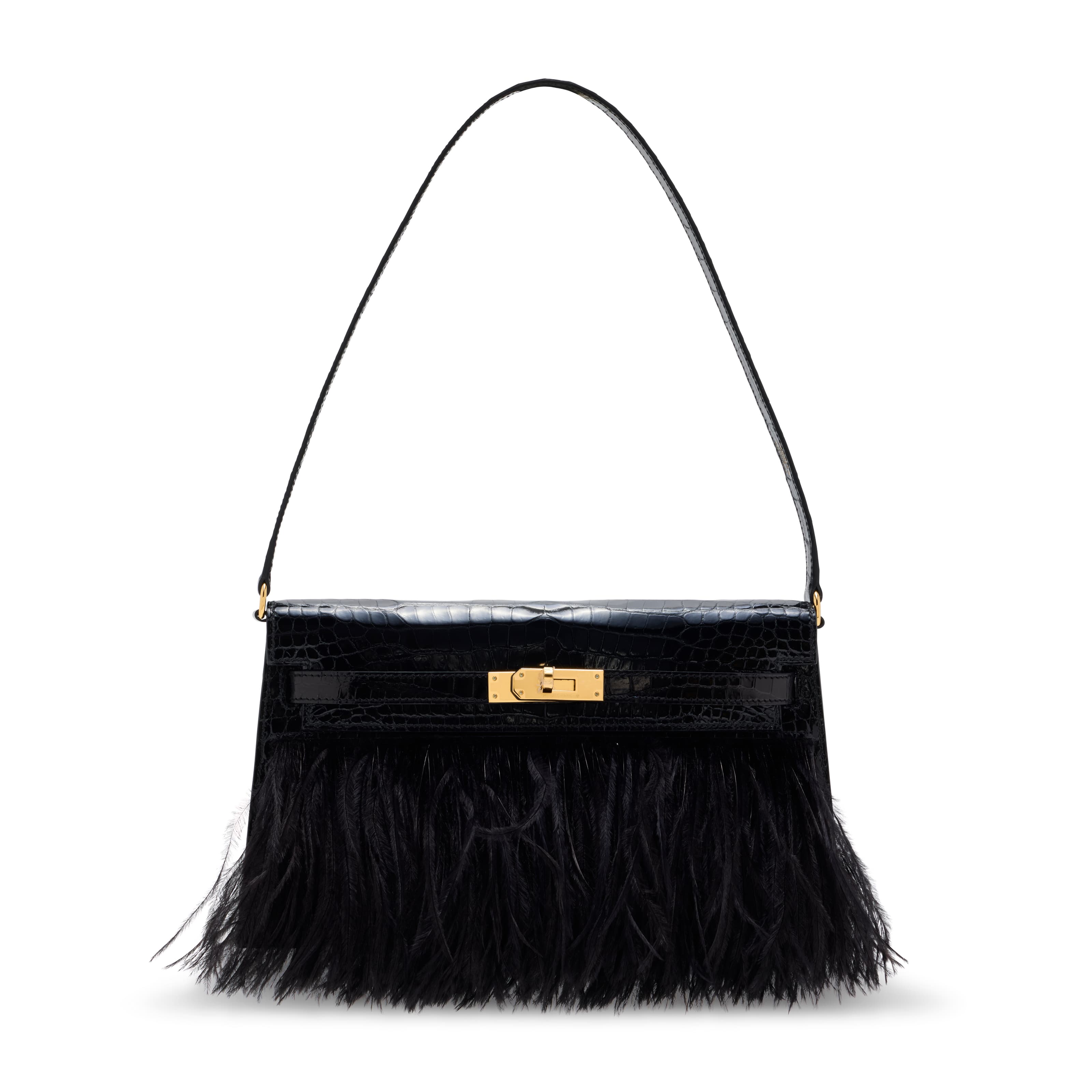 A LIMITED EDITION SHINY BLACK POROSUS CROCODILE & FEATHERS KELLY ELAN FOLIE WITH GOLD HARDWARE HERMES, 2024