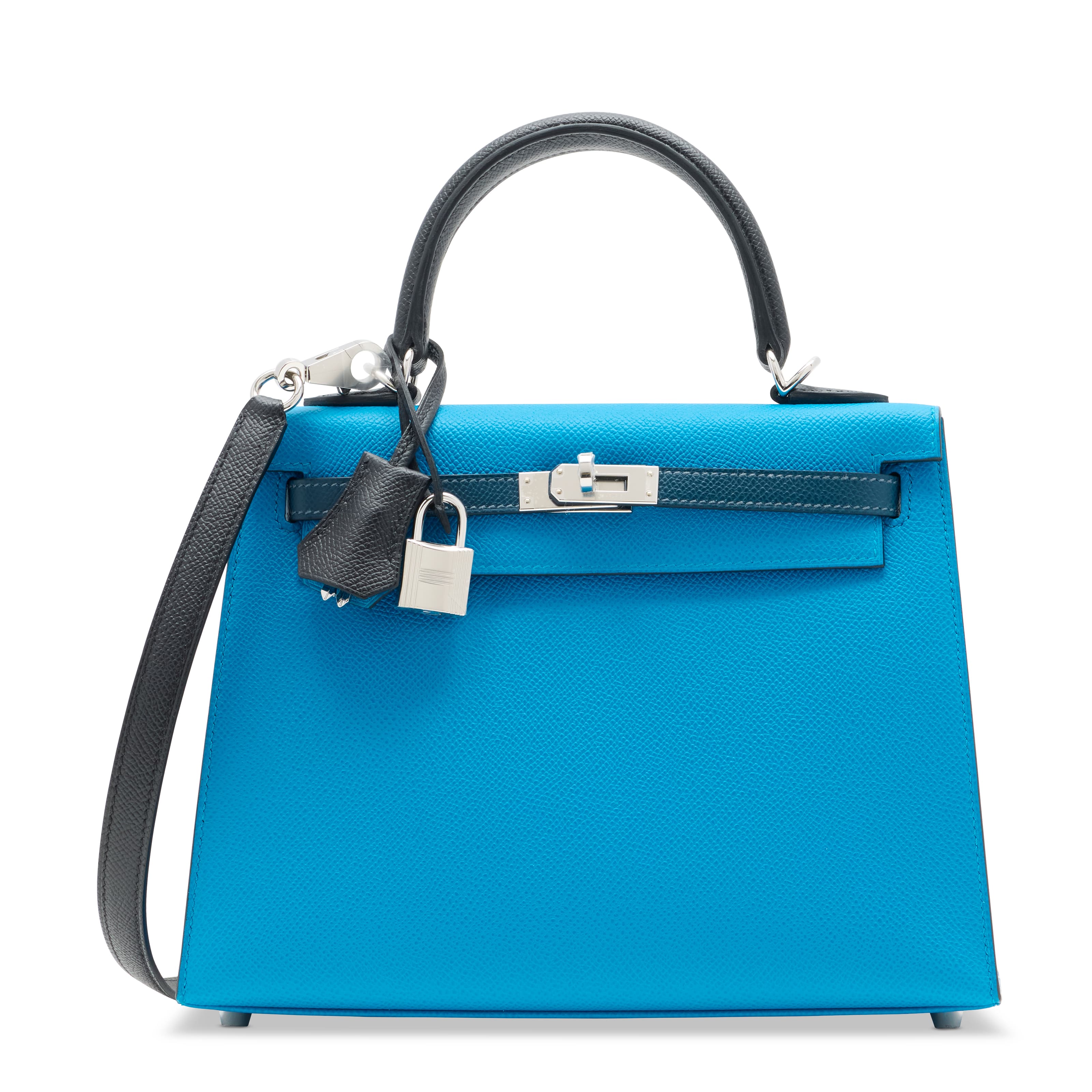 A LIMITED EDITION BLACK, BLEU SAPHIR & BLEU ROI EPSOM LEATHER TRICOLOR SELLIER KELLY 25 WITH PALLADIUM HARDWARE HERMES, 2024