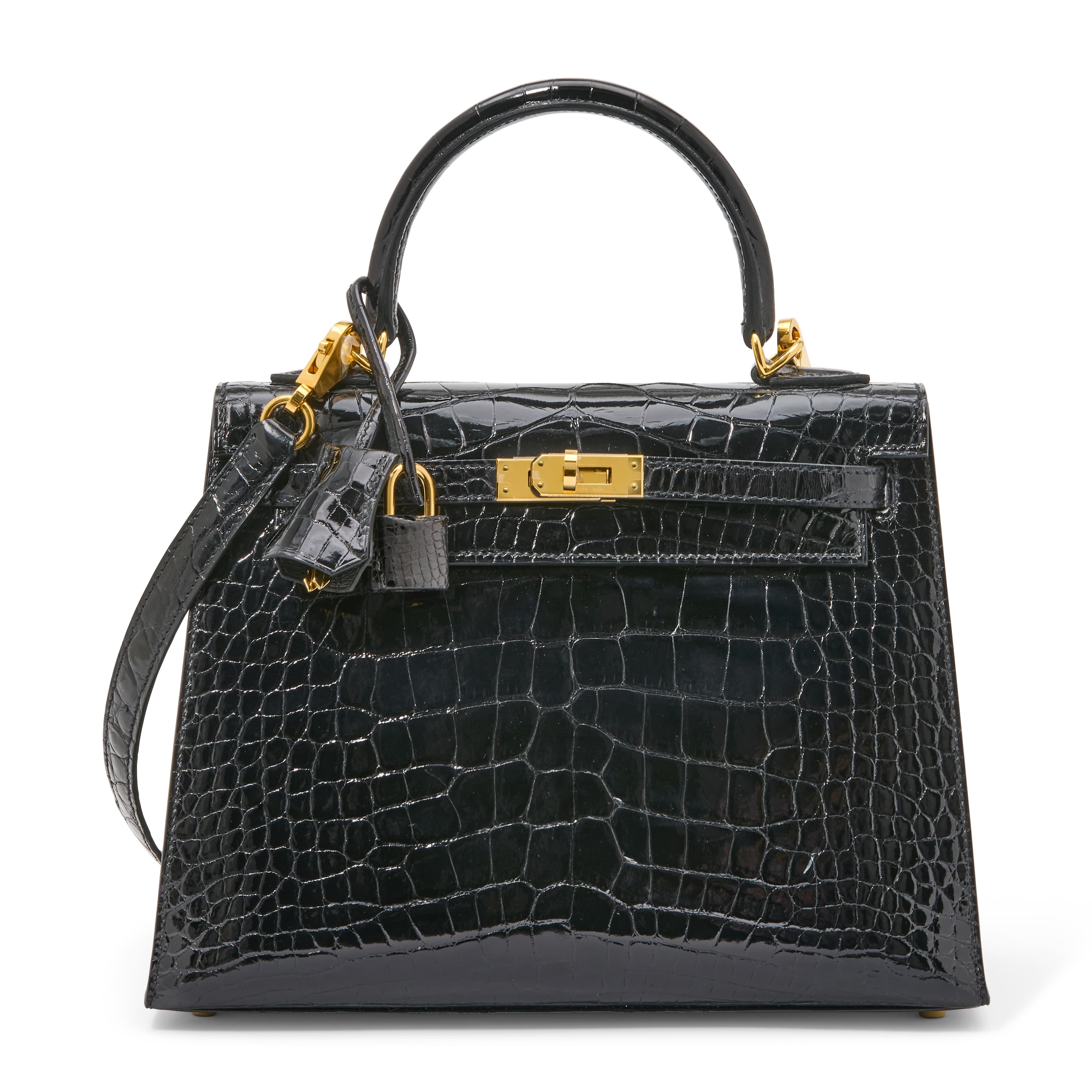 A SHINY BLACK ALLIGATOR SELLIER KELLY 25 WITH GOLD HARDWARE HERMES, 2021