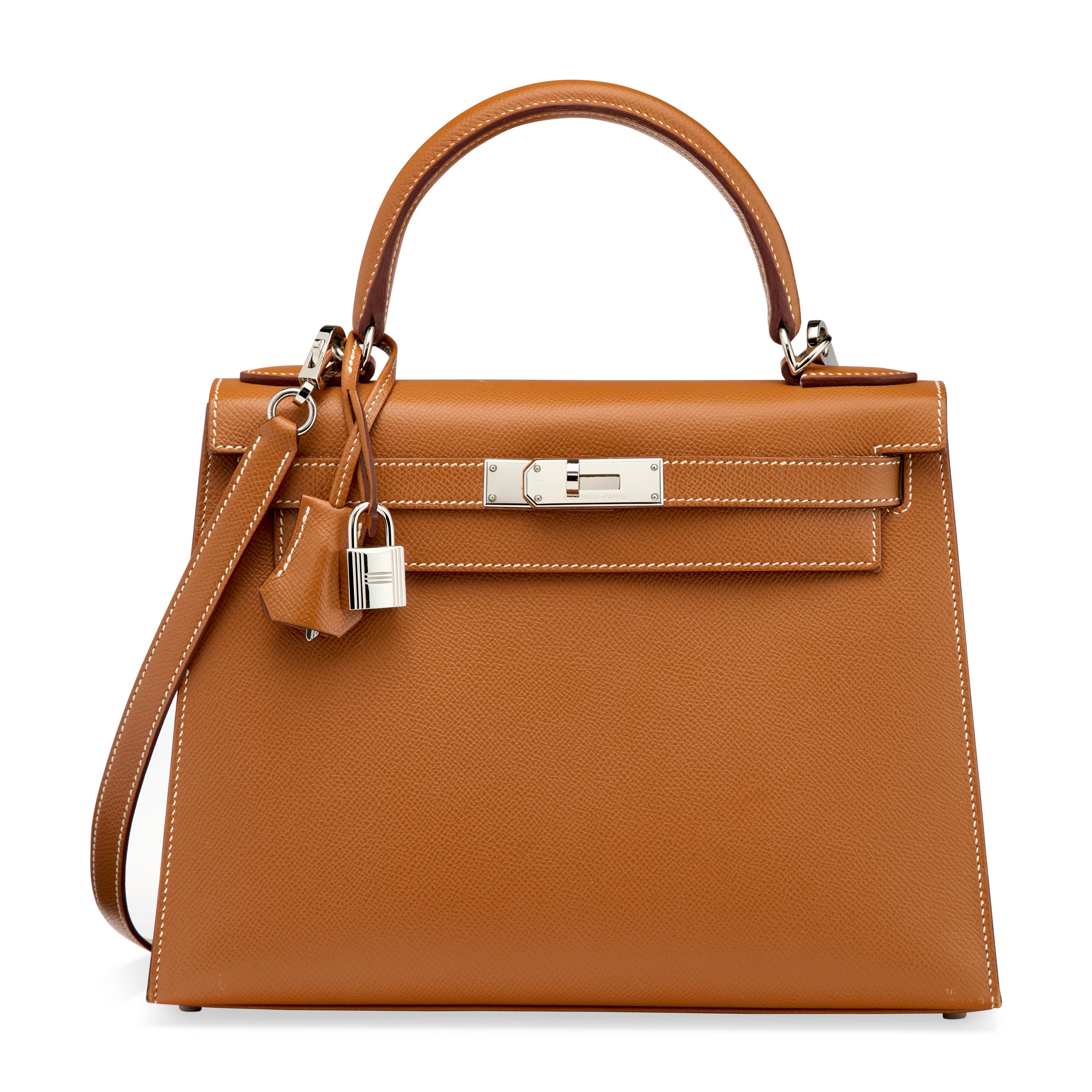 A GOLD EPSOM LEATHER SELLIER KELLY 28 WITH PALLADIUM HARDWARE HERMES, 2023