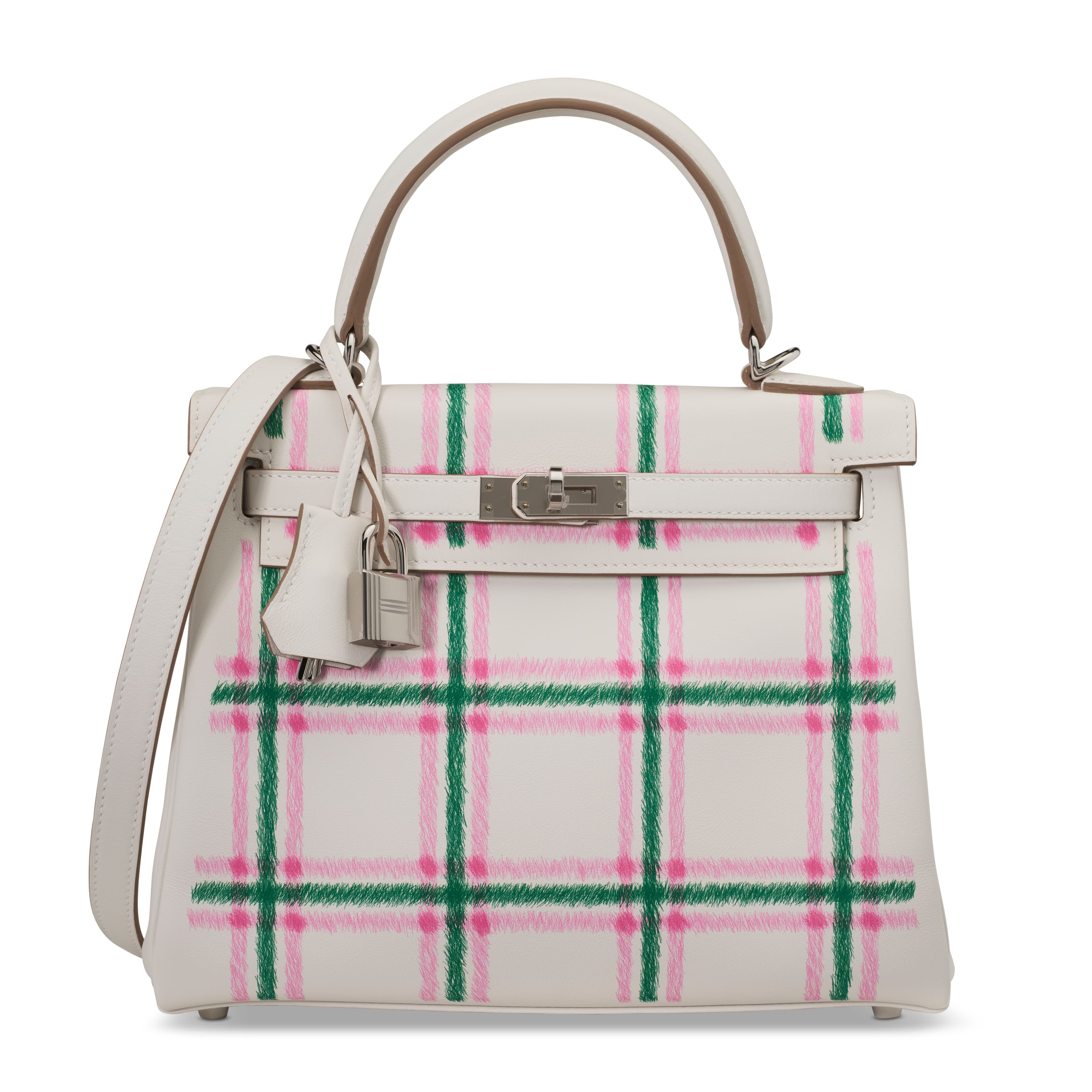 A LIMITED EDITION GRIS PALE, VERT MOYEN & BUBBLEGUM PINK PRINTED TARTAN SWIFT LEATHER RETOURNE KELLY 25 WITH PALLADIUM HARDWARE HERMES, 2025