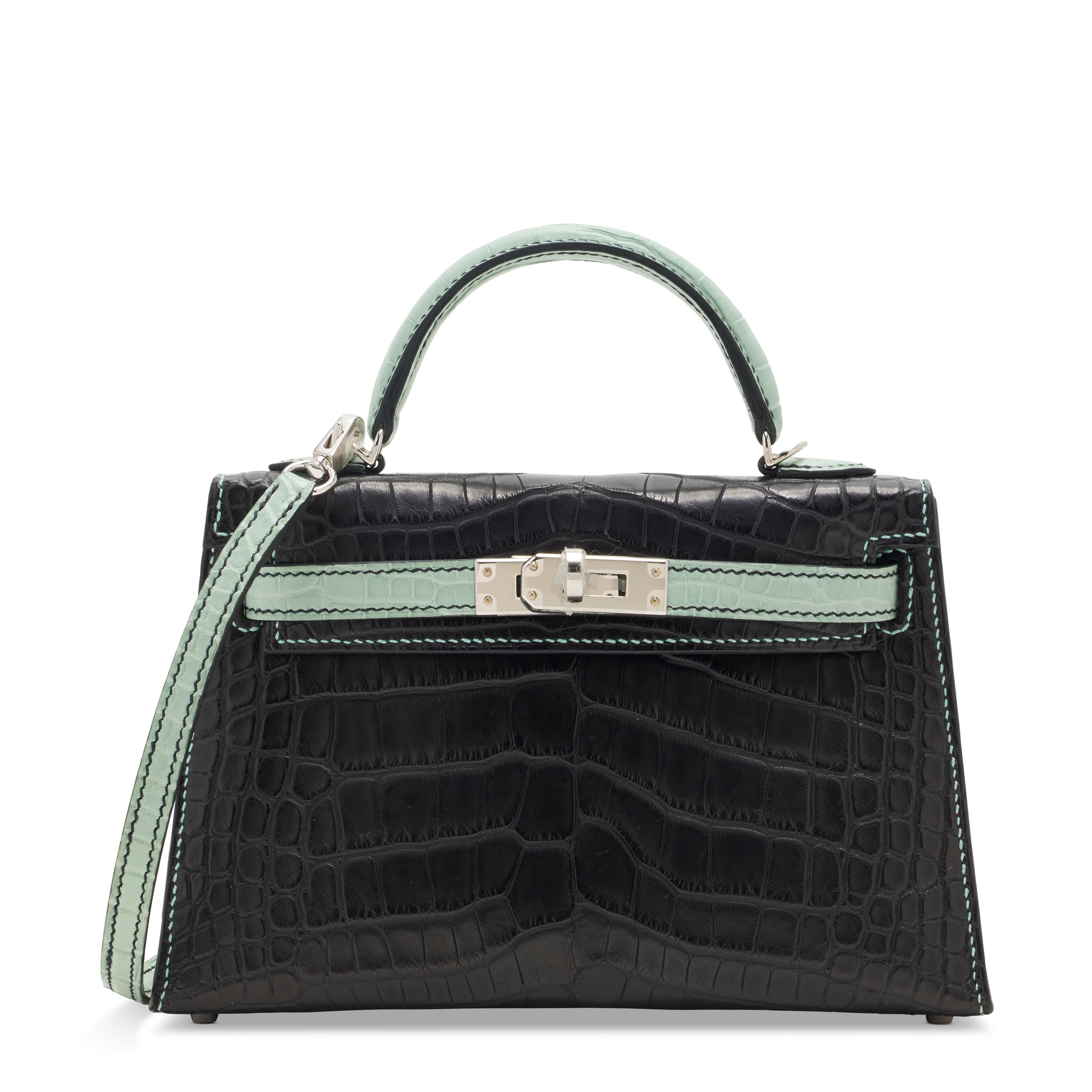 A SPECIAL ORDER MATTE BLACK & VERT D'EAU ALLIGATOR MINI KELLY 20 II WITH PALLADIUM HARDWARE HERMES, 2025