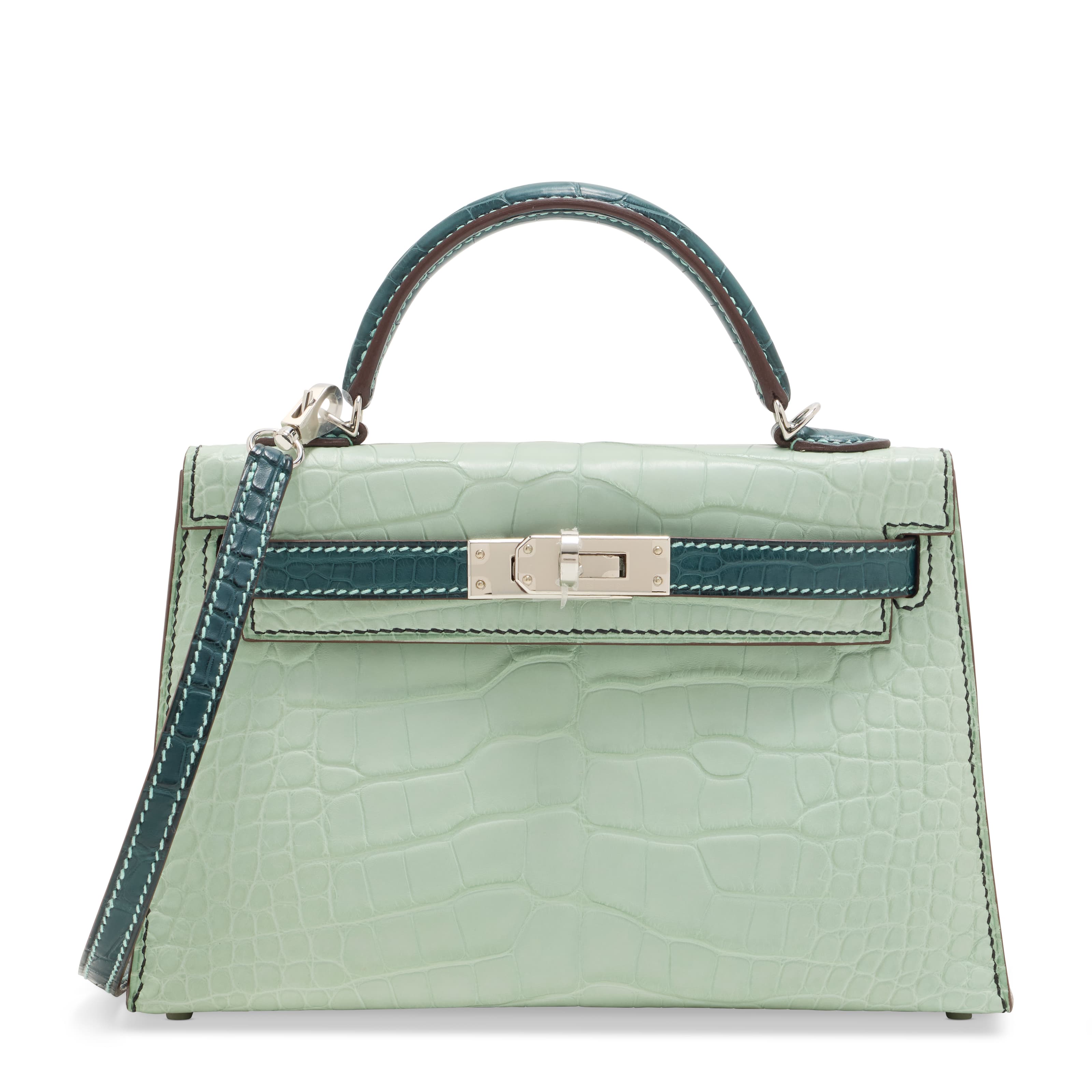 A SPECIAL ORDER MATTE VERT D'EAU & VERT CYPRES ALLIGATOR MINI KELLY 20 II WITH PALLADIUM HARDWARE HERMES, 2024